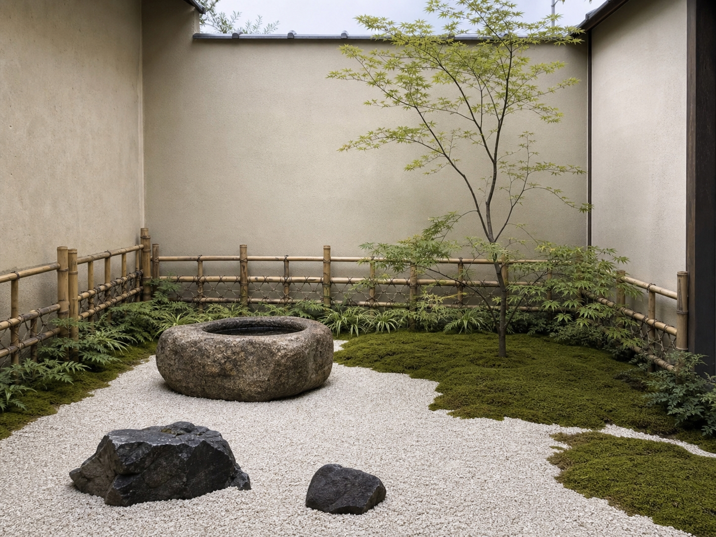 竹垣と手水鉢、モミジを配した坪庭