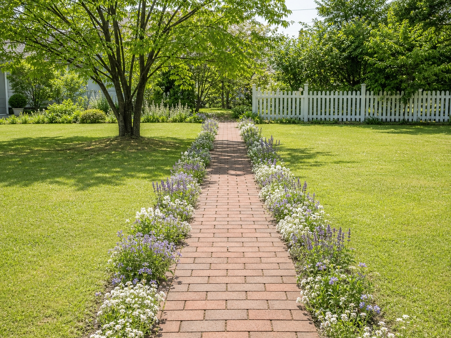 芝生とレンガの小道、宿根草の花壇がある洋風の庭