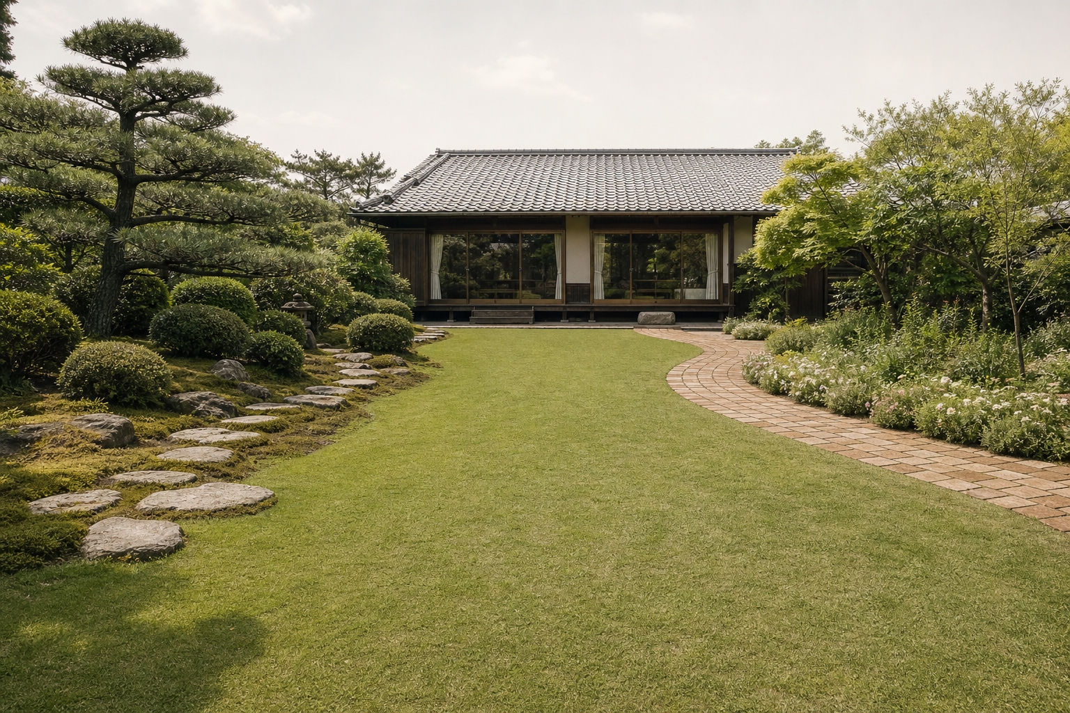 和風の松と洋風の芝生がひとつの敷地に共存する庭の全景