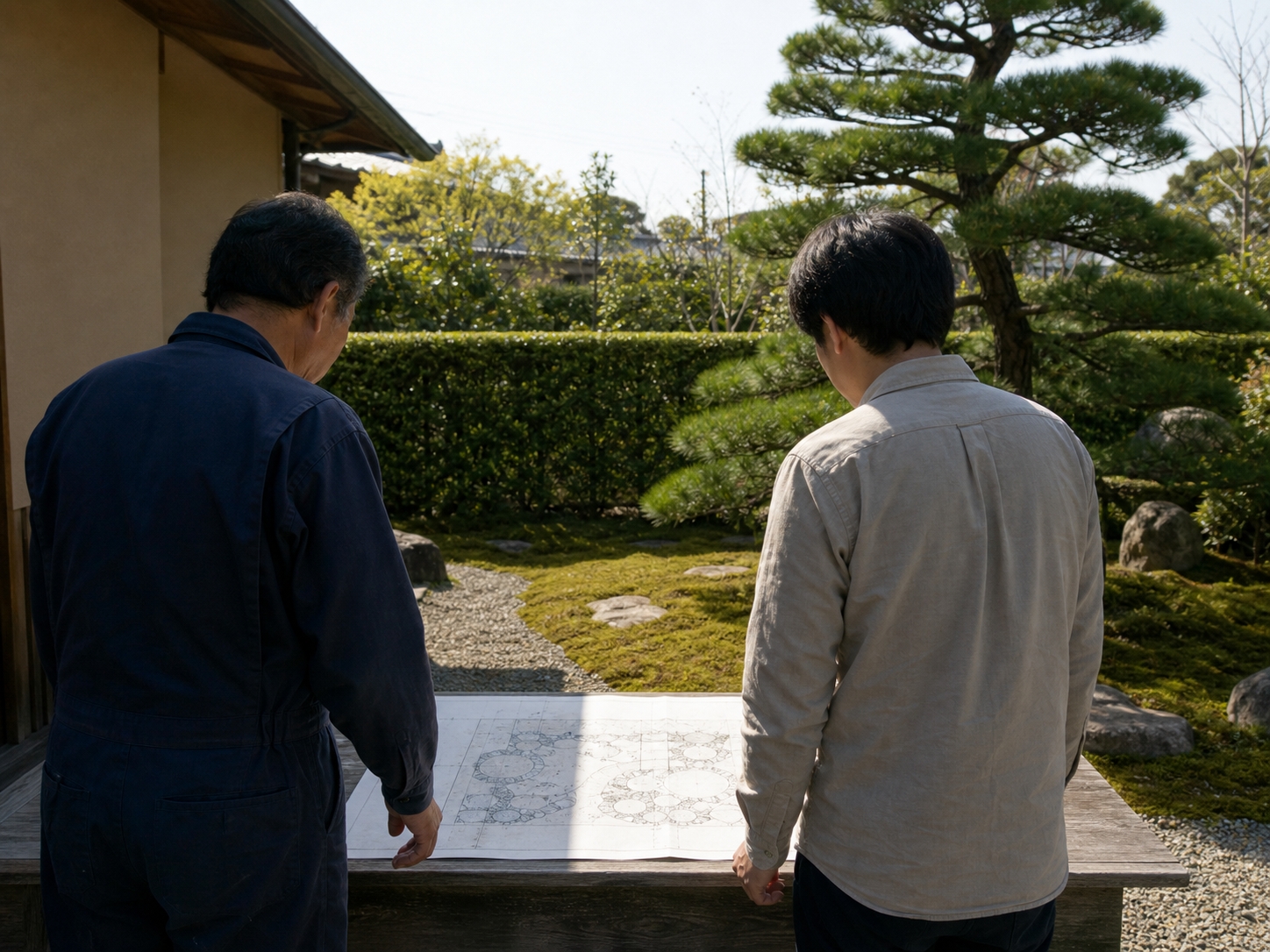 庭先で図面を広げて打ち合わせをしている様子（後ろ姿）
